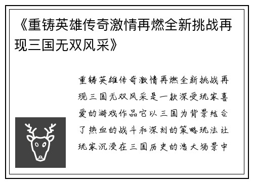 《重铸英雄传奇激情再燃全新挑战再现三国无双风采》