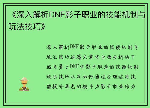 《深入解析DNF影子职业的技能机制与玩法技巧》